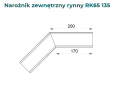 Narożnik zewnętrzny 135 stopni do rynny RK65 - Wymiary