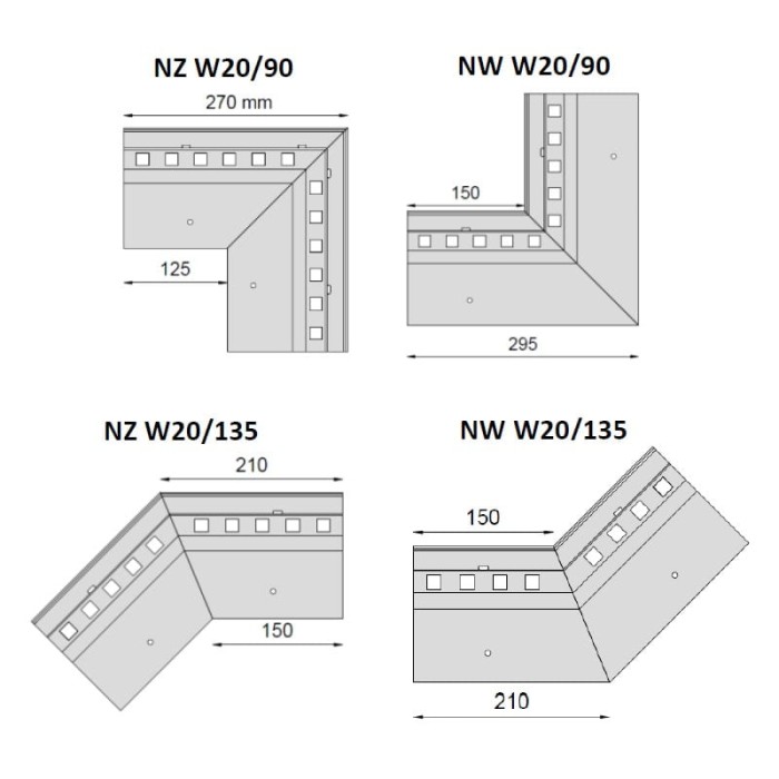 Wymiary narożników do systemu okapowego W20 Renoplast